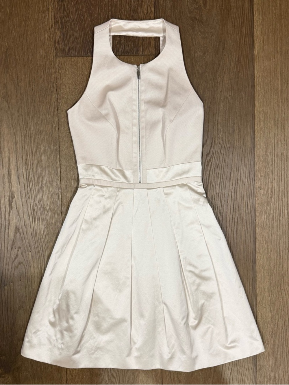 Karen Millen Satin Zip-Front Pleated Ivory-Tone Mini Dress